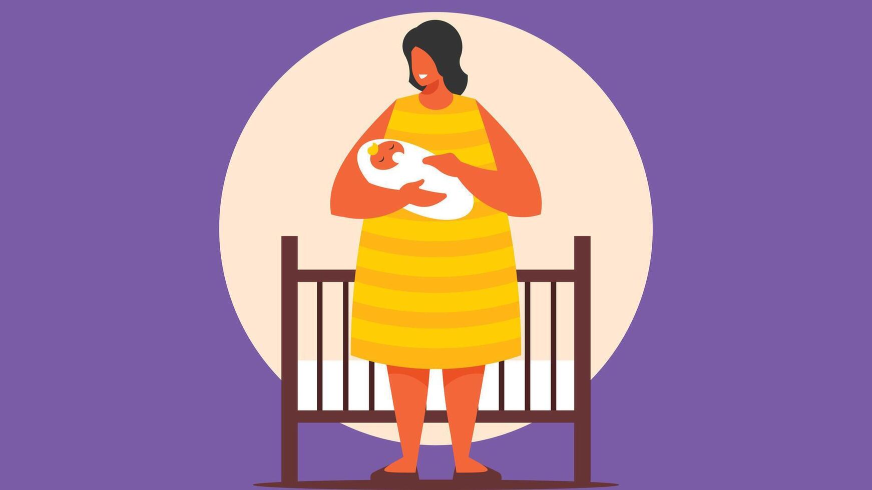 mother holds a baby in baby room with a crib in background vector