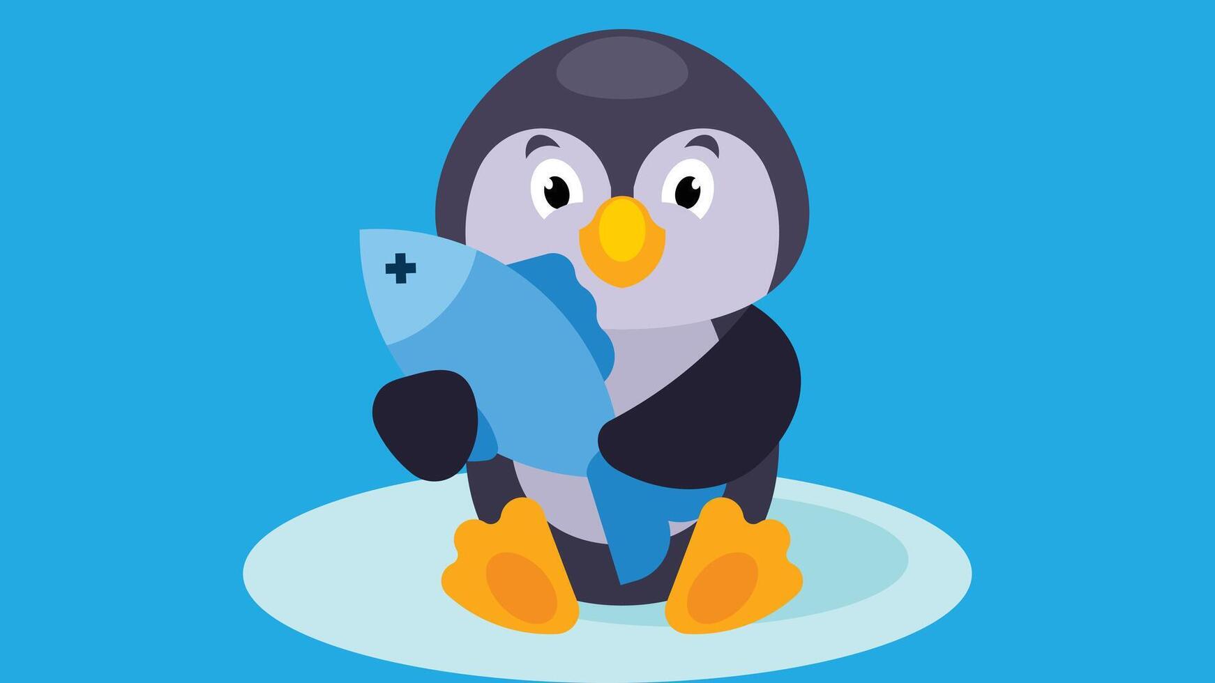 Cartoon character penguin holds a fish illustration vector