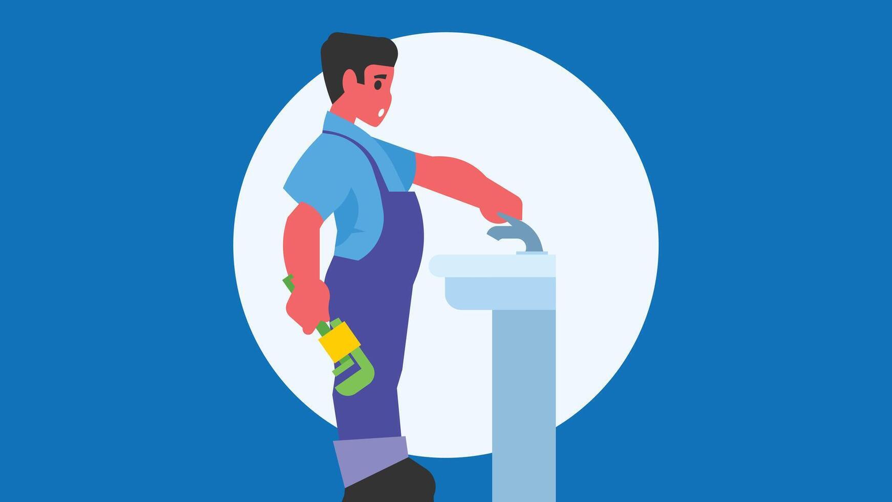 plumber handyman fixing water pipes vector