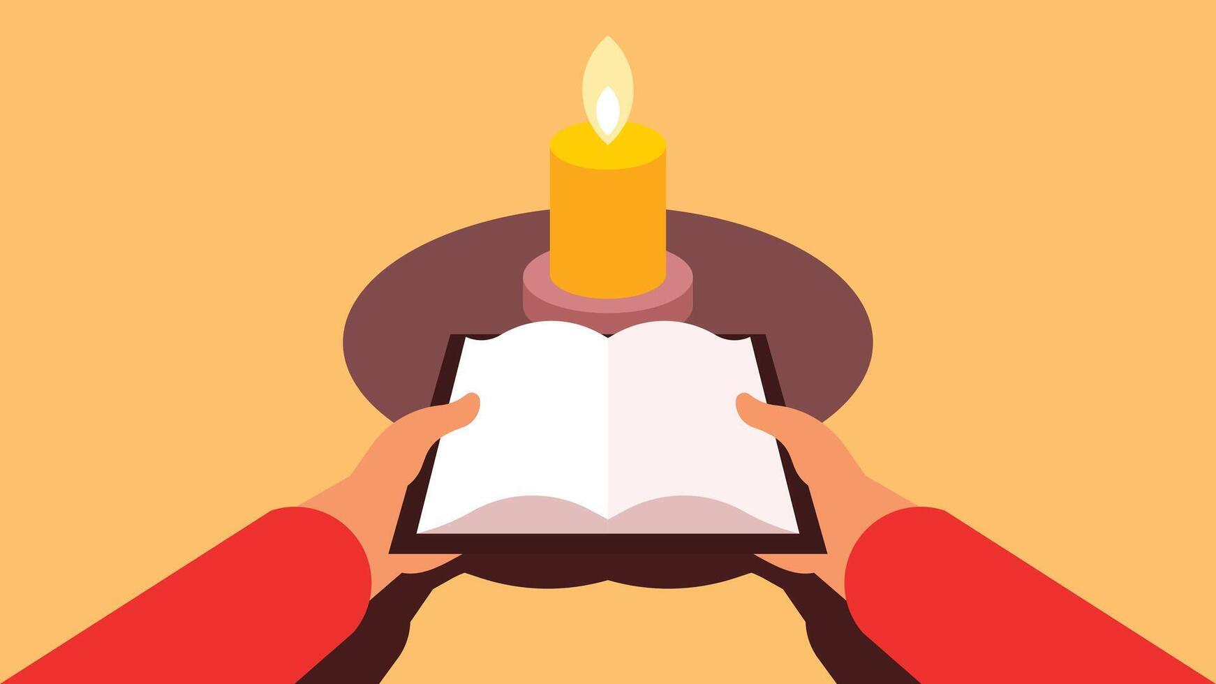 student reading a book on a candle light illustration vector