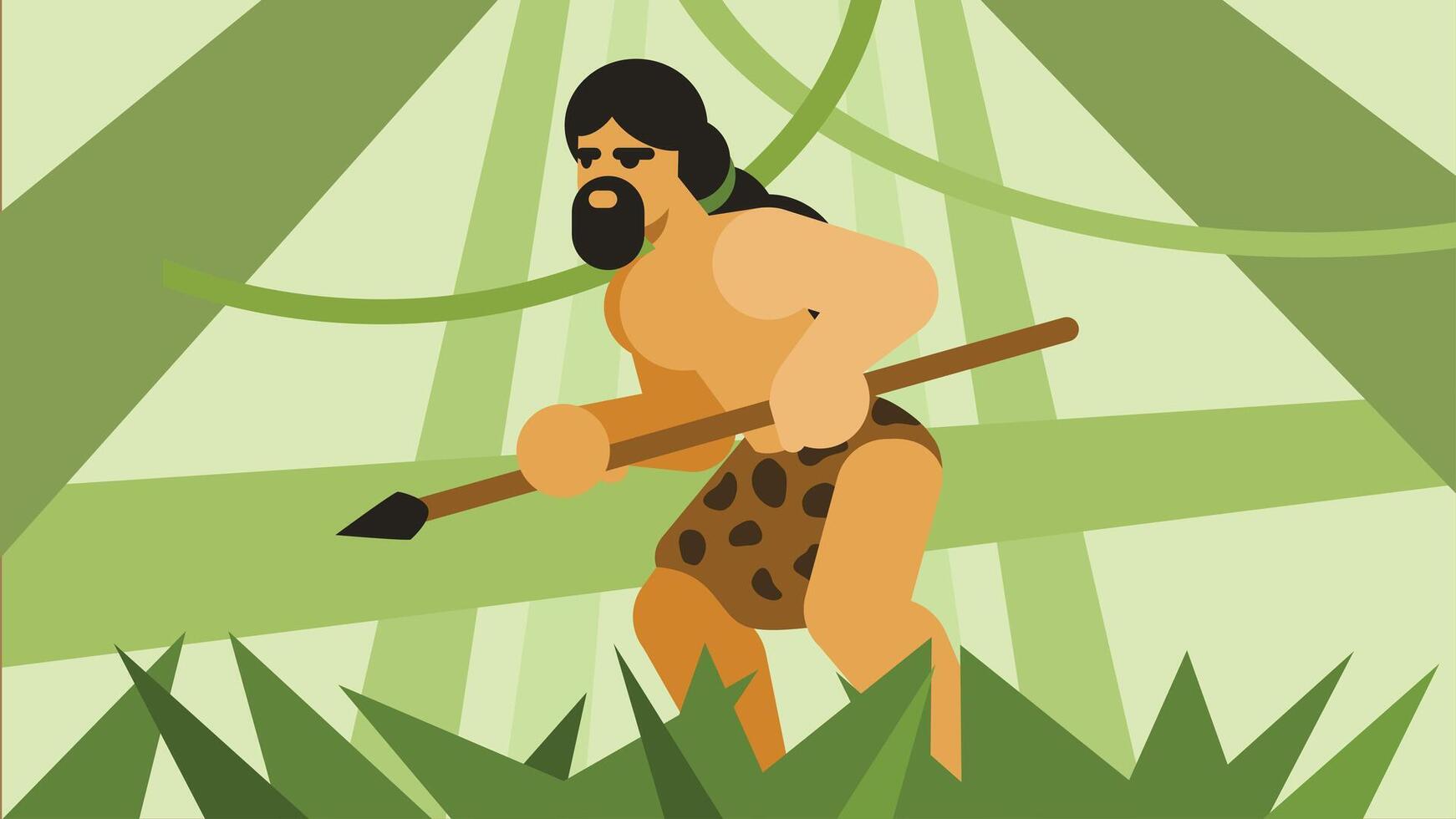 Prehistoric Caveman hunting in the woods early man pose illustration vector