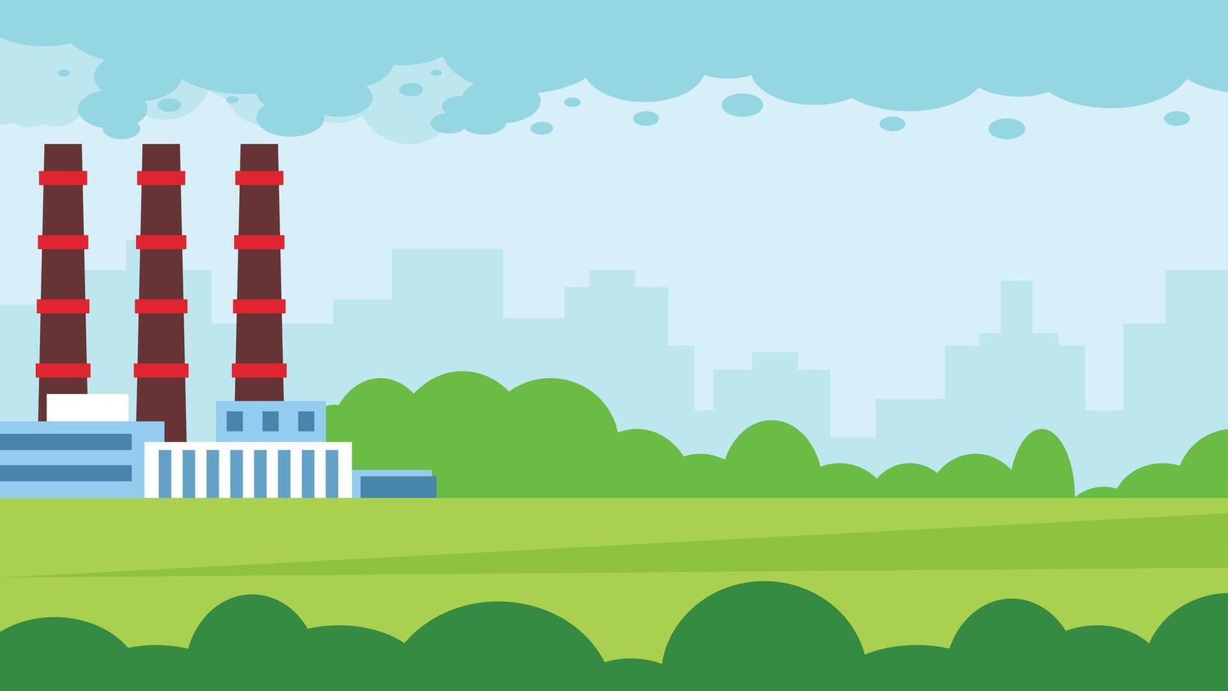 Factory with pollution in a open location with smoke coming from it illustration vector