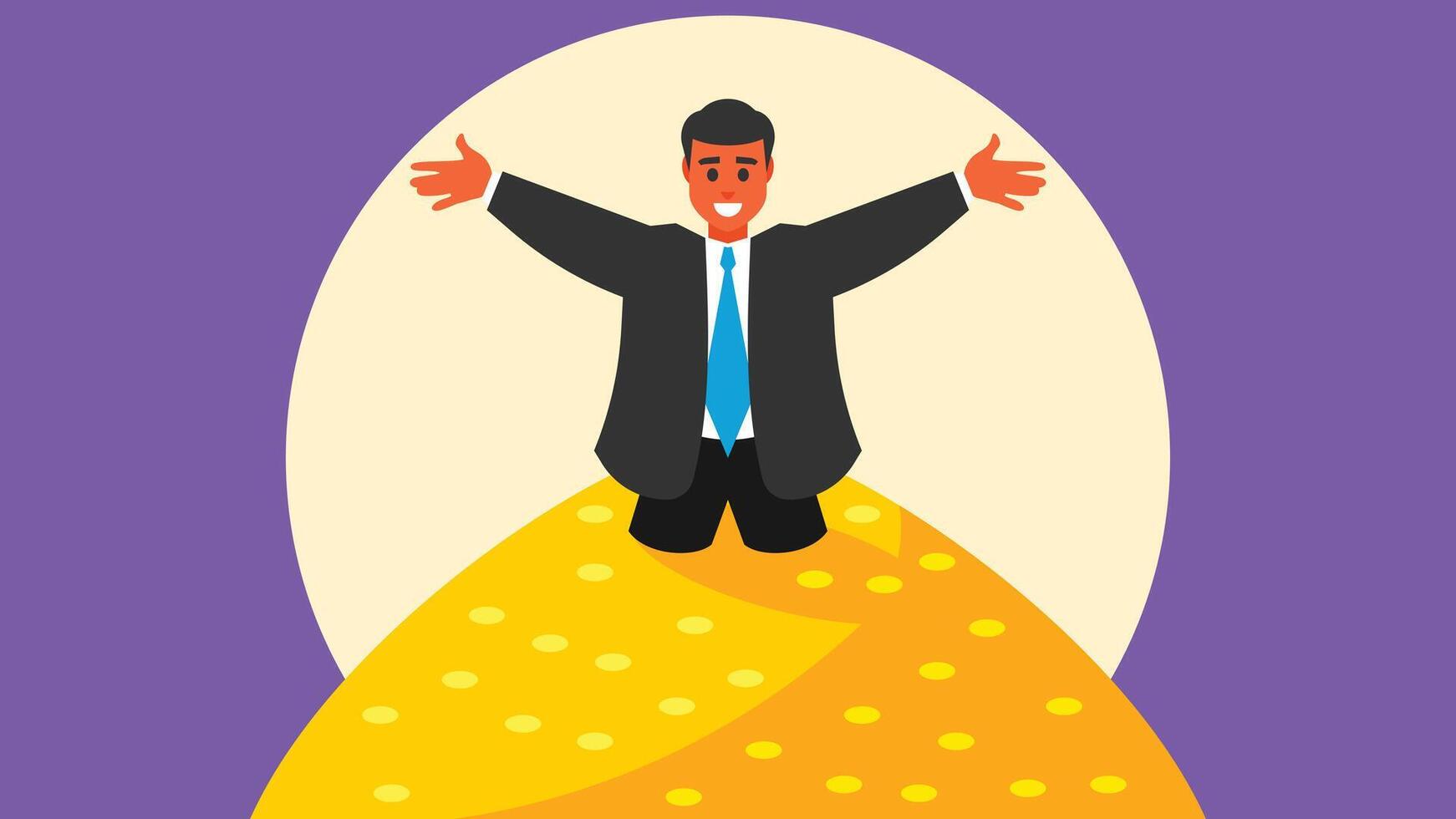 Businessman with joy in a pile of gold coins around him illustration vector