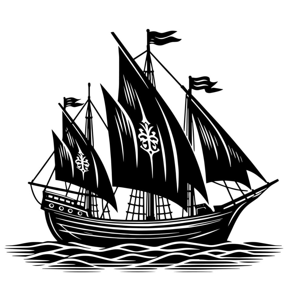 Black and White Illustration of a traditional old sailing ship vector