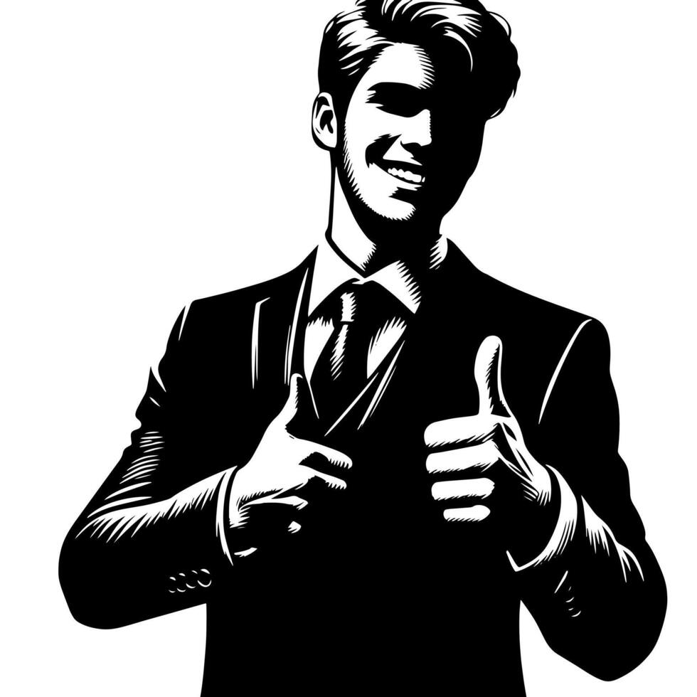 Black and White Illustration of a Man in Business Suit is showing the Thumbs up Sign vector