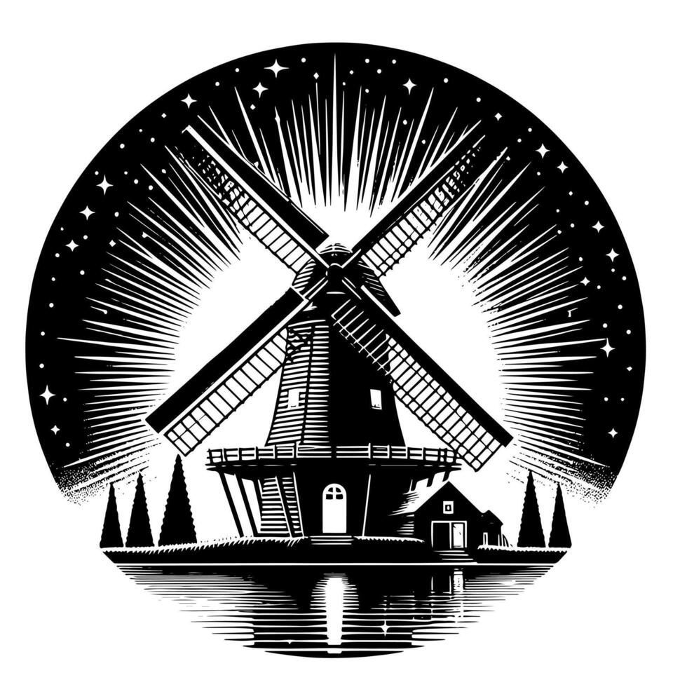 Black and White Illustration of a traditional old Windmill in Holland vector