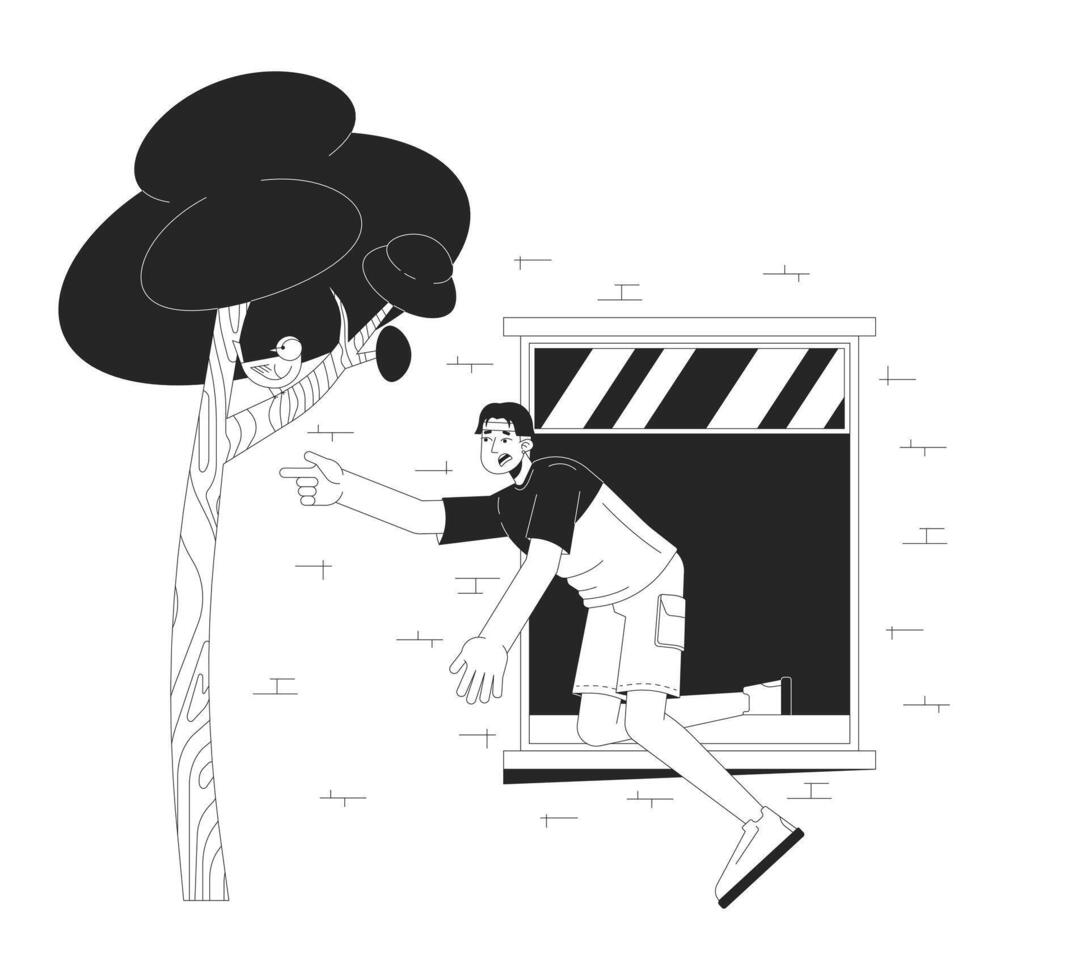 Asian man falling out of window black and white cartoon flat illustration. Young male trying to catch bird 2D lineart character isolated. Dangerous accident monochrome scene outline image vector