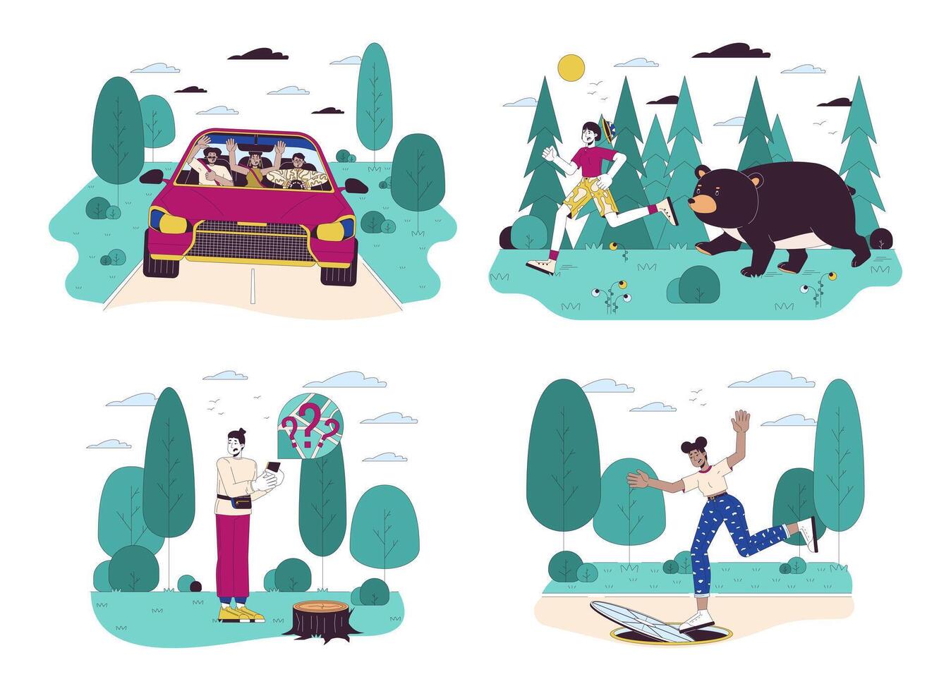 People surviving accidents line cartoon flat illustration set. Dealing with dangerous situations 2D lineart characters isolated on white background. Warning scene color image collection vector