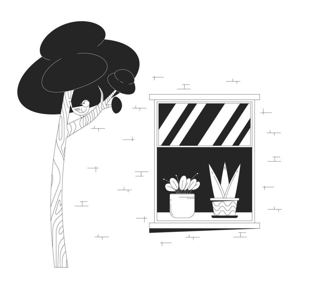 Bird on tree near open window building black and white cartoon flat illustration. House exterior on summer day 2D lineart objects isolated. Simple lifestyle monochrome scene outline image vector