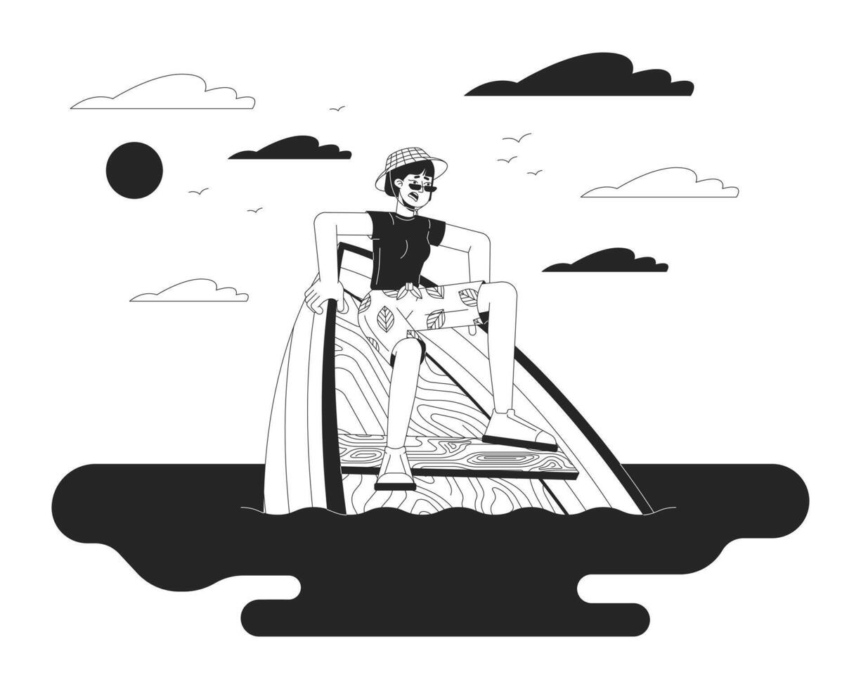 Asian woman surviving boat accident black and white cartoon flat illustration. Korean female in drowning vessel 2D lineart character isolated. Danger on water monochrome scene outline image vector