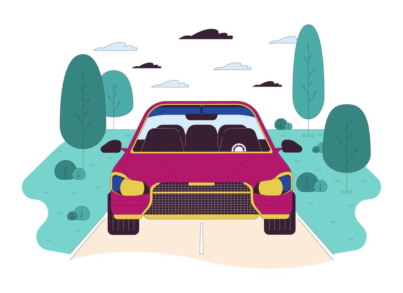 Car driving along rural road line cartoon flat illustration. Travelling by vehicle across countryside 2D lineart scene isolated on white background. Road trip on vacation scene color image vector