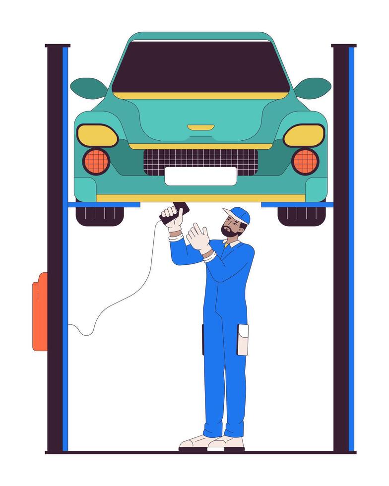 Black man mechanic repairing car on elevator line cartoon flat illustration. African american technician 2D lineart character isolated on white background. Auto service scene color image vector