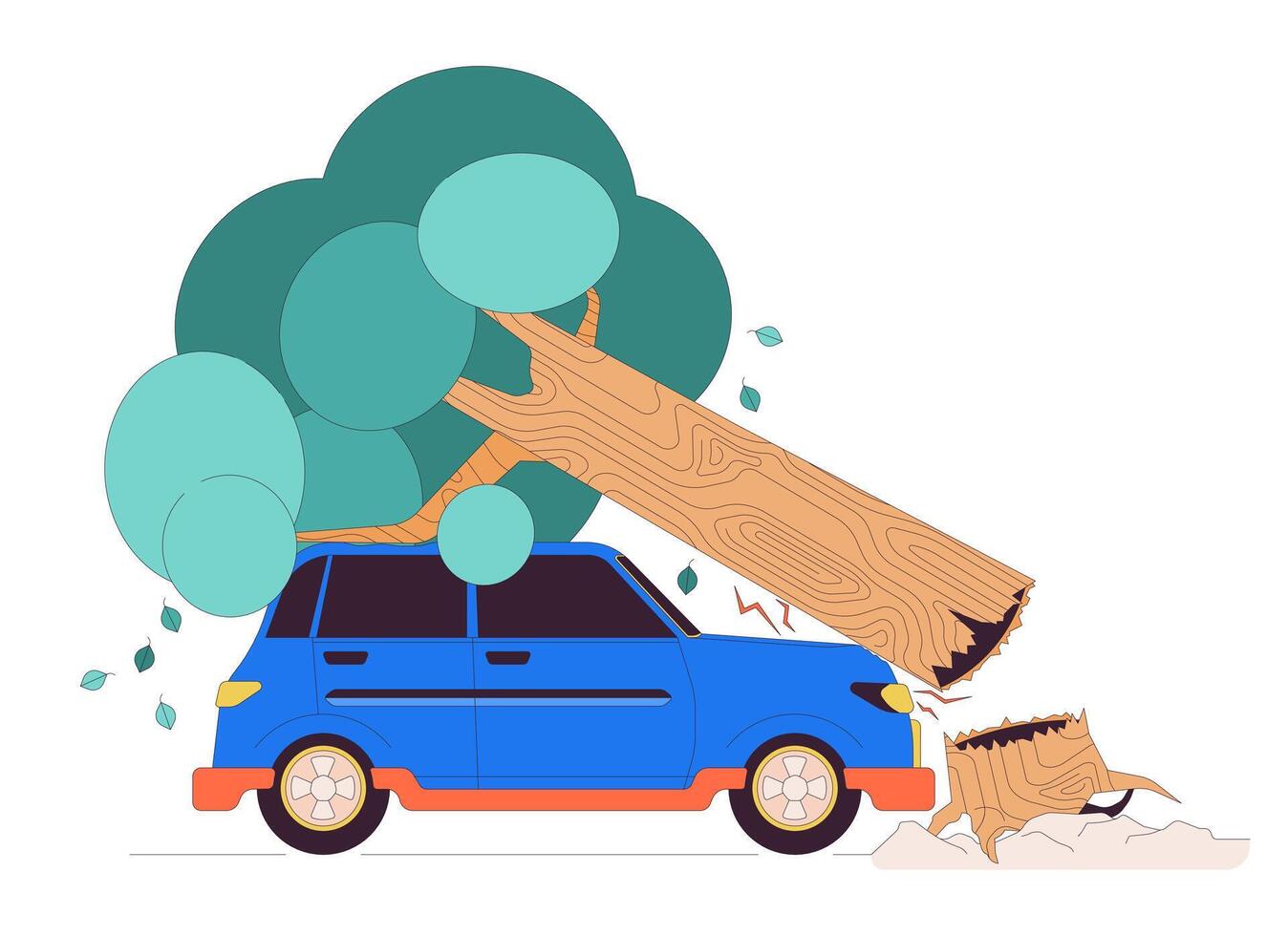 Tree falling down onto car line cartoon flat illustration. Auto damaged by plant trunk 2D lineart objects isolated on white background. Road accident at stormy weather scene color image vector