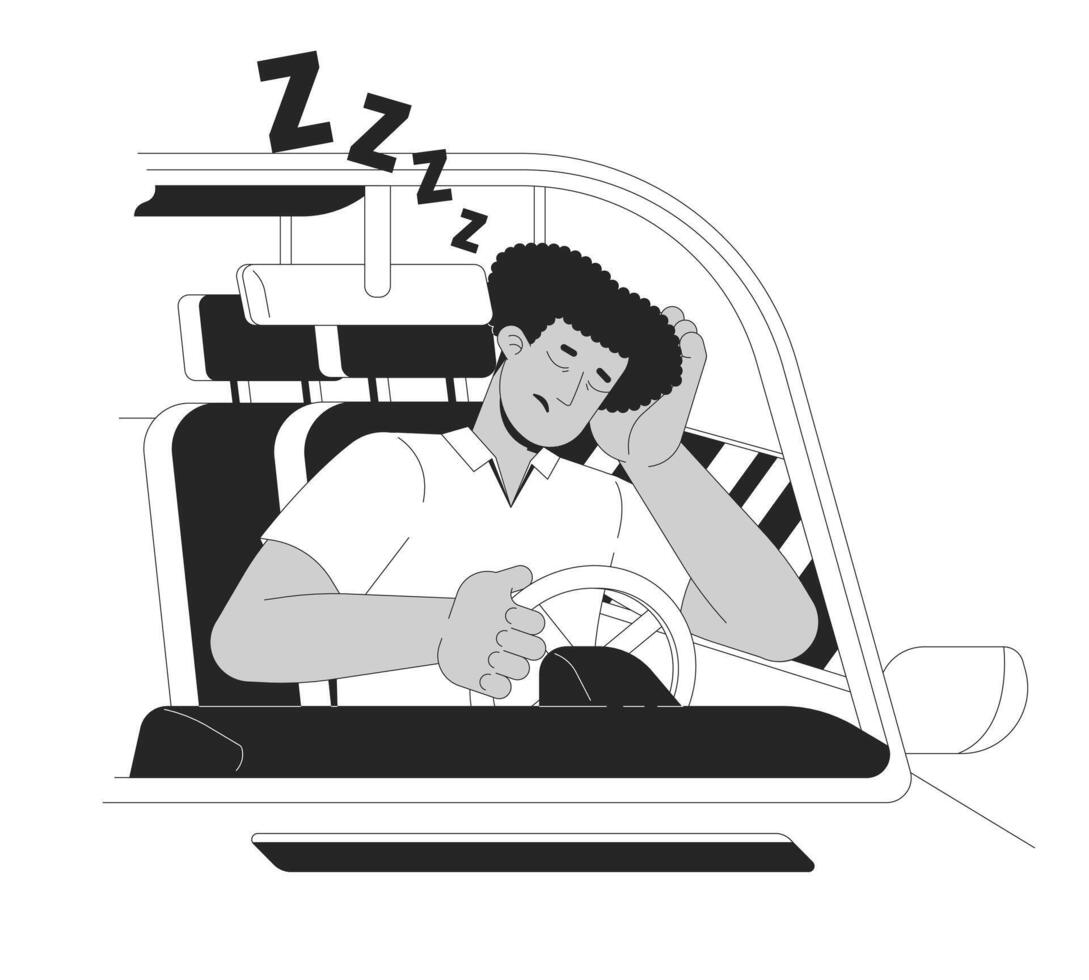 Latin man falling asleep while driving black and white cartoon flat illustration. Tired hispanic male driver 2D lineart character isolated. Accident monochrome scene outline image vector