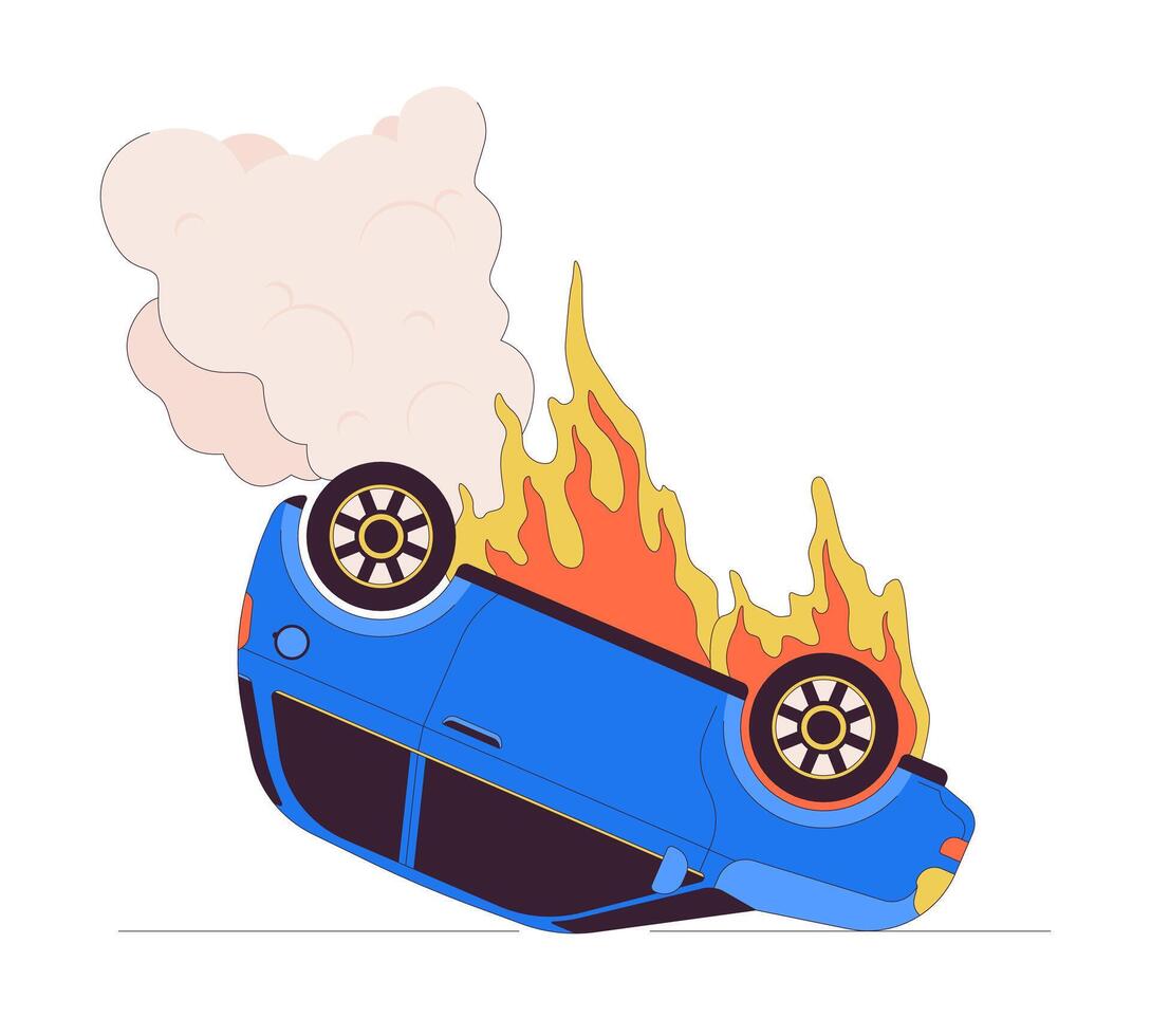 coche ardiente en accidente línea dibujos animados plano ilustración. peligroso situación. al revés abajo auto en fuego 2d arte lineal objeto aislado en blanco antecedentes. sobreviviente choque en la carretera escena color imagen vector