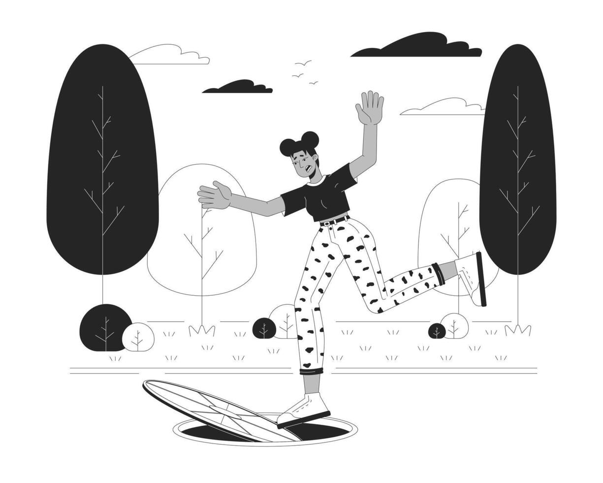 African american woman falling in sewer black and white cartoon flat illustration. Black female in dangerous situation 2D lineart character isolated. Open manhole monochrome scene outline image vector