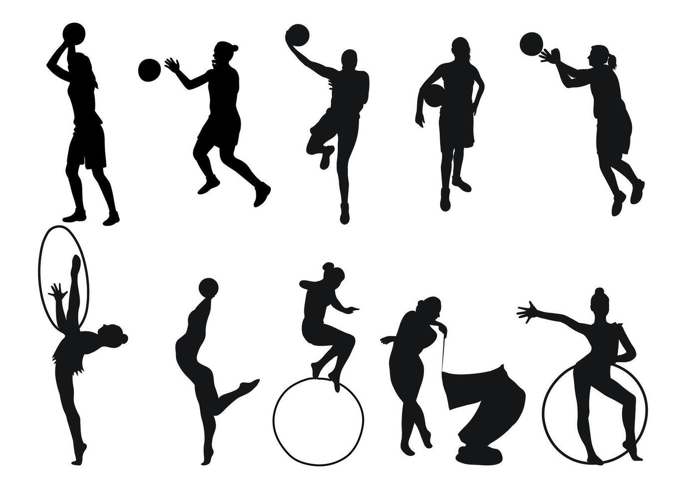 Single silhouettes of women's sports. Basketball, gymnastics vector