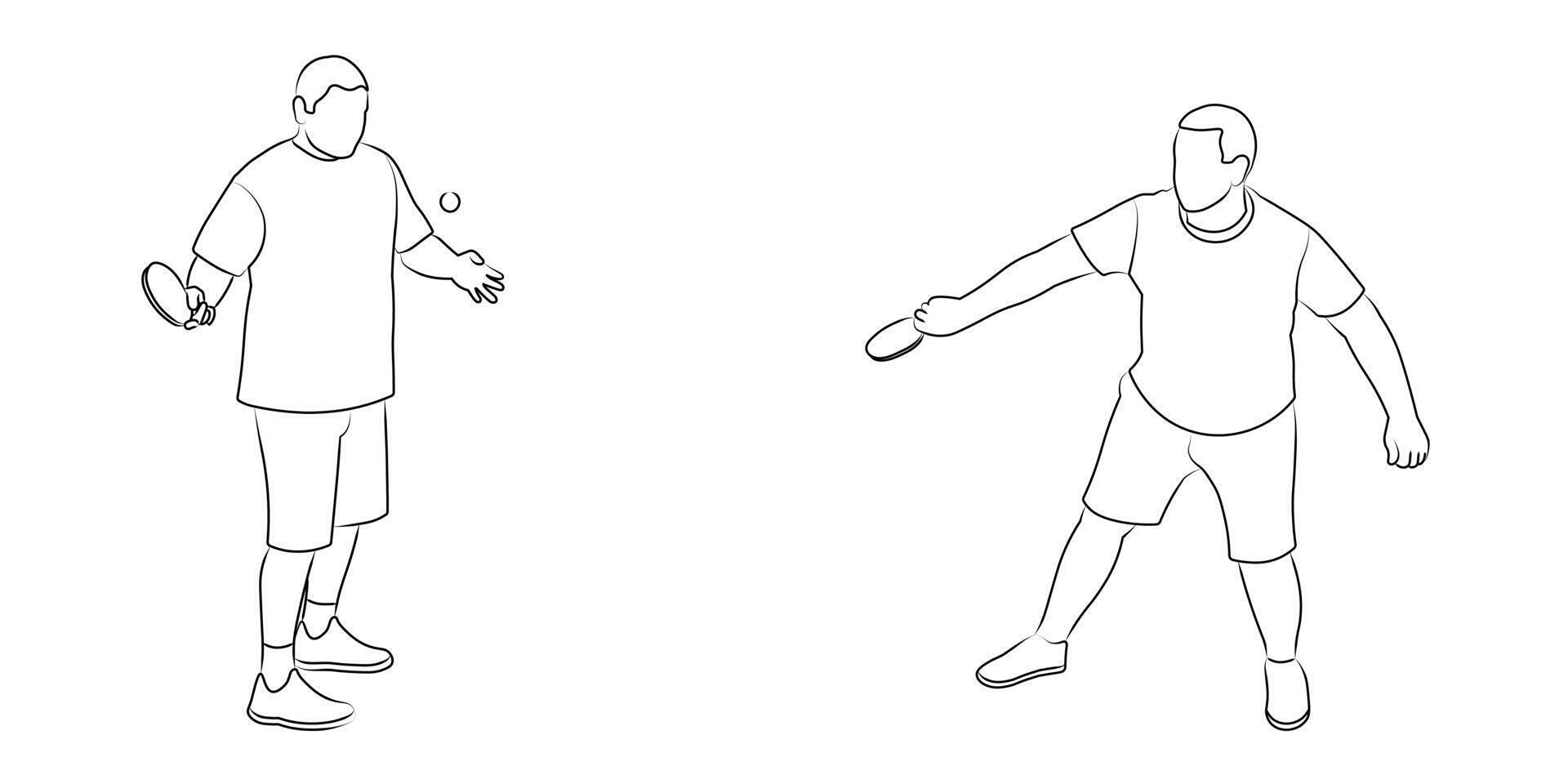 Single silhouettes of tennis players with racket and ball, line art vector