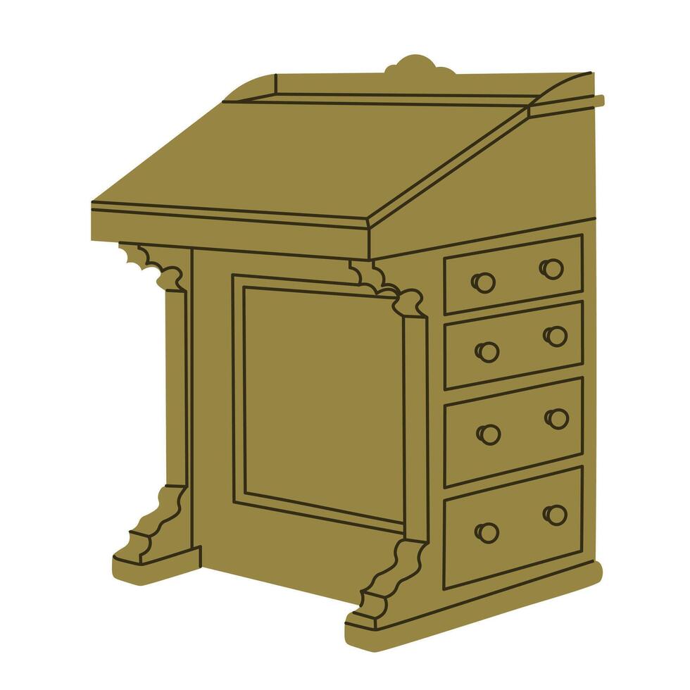 Image of a desk with drawers and a slanted lid. Davenport, bureau, office desk, teacher lectern vector
