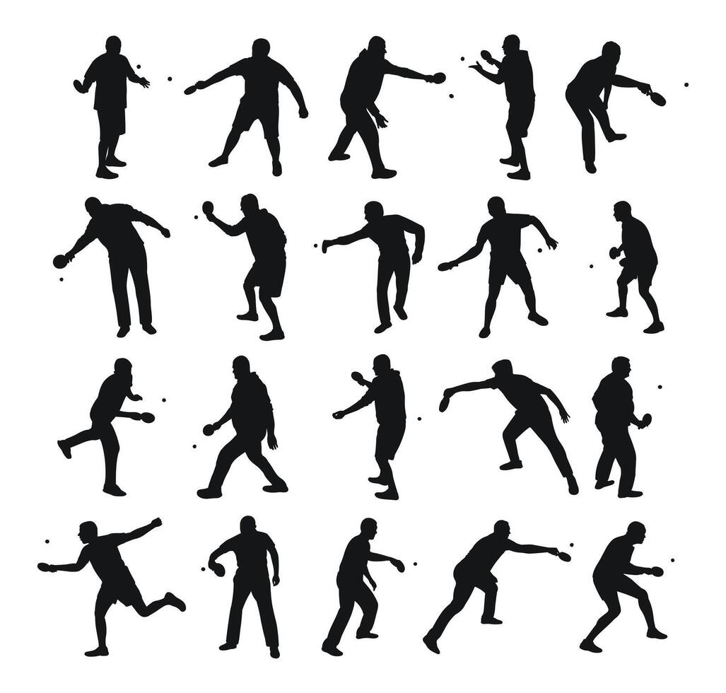 Set of black silhouettes of tennis players with racket and ball vector