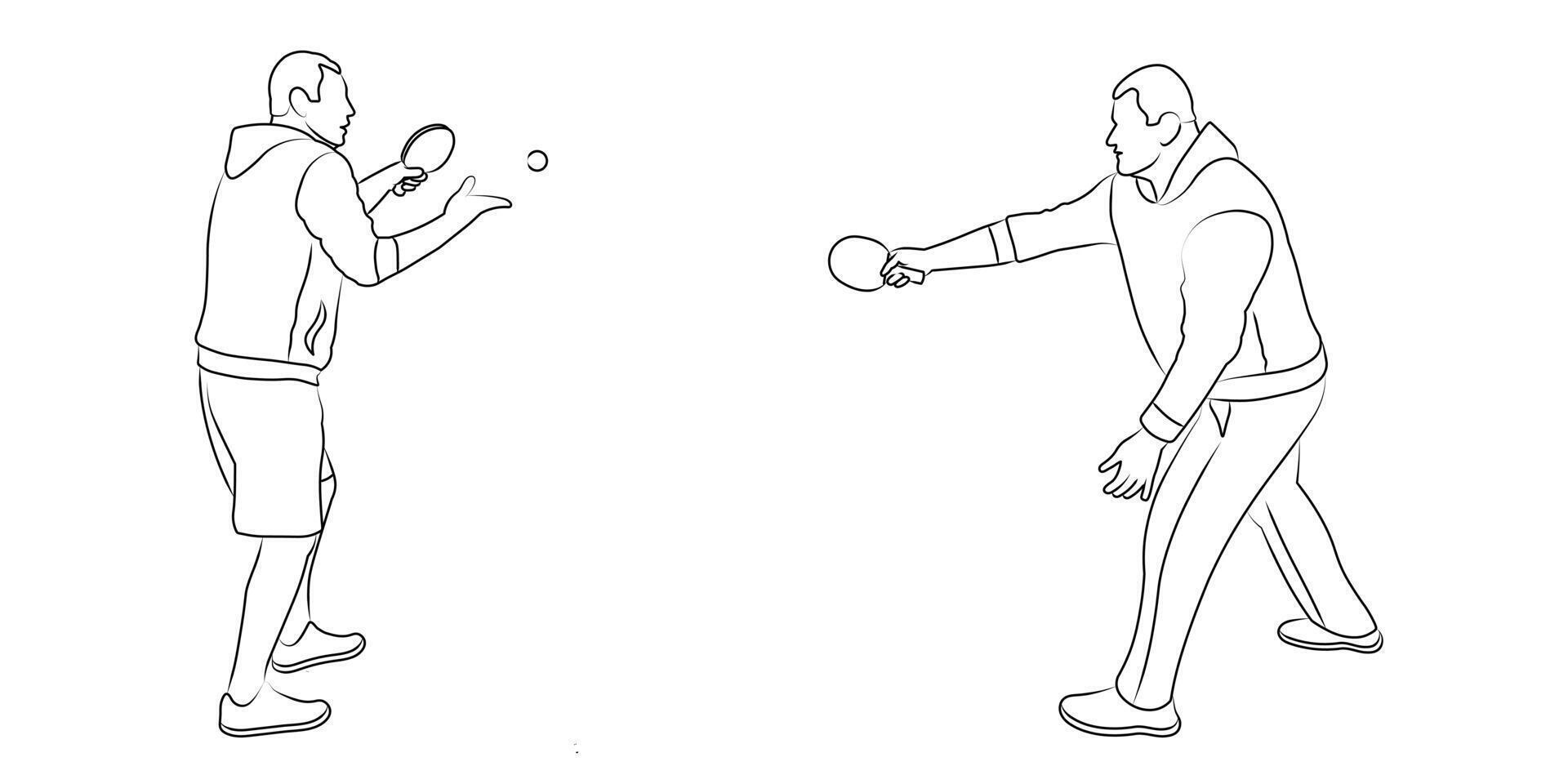 Single silhouettes of tennis players with racket and ball, line art vector