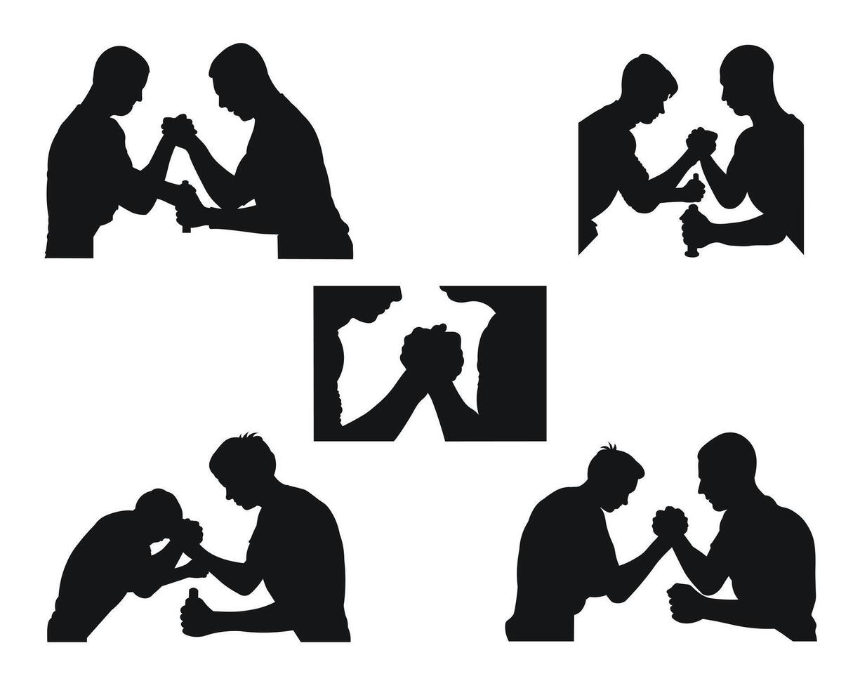 Silhouette of wrestlers on arms, powerful handshake. Muscular strong people, men, male. Two muscular arms that are wrestling vector