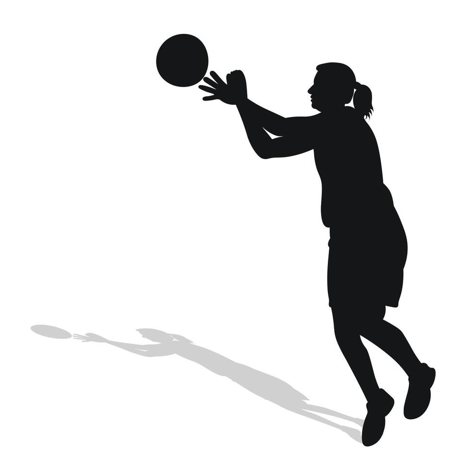 imagen de negro hembra silueta de baloncesto jugador en un pelota juego. vector