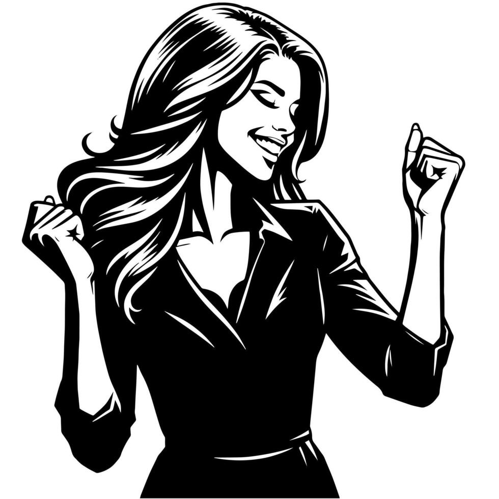 Black and White Illustration of a Woman in Business Suit is dancing and shaking in a Successful Pose vector