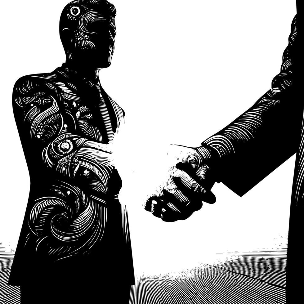 Black and white Illustration of a Handshake bewtween two Business Men in Suits vector