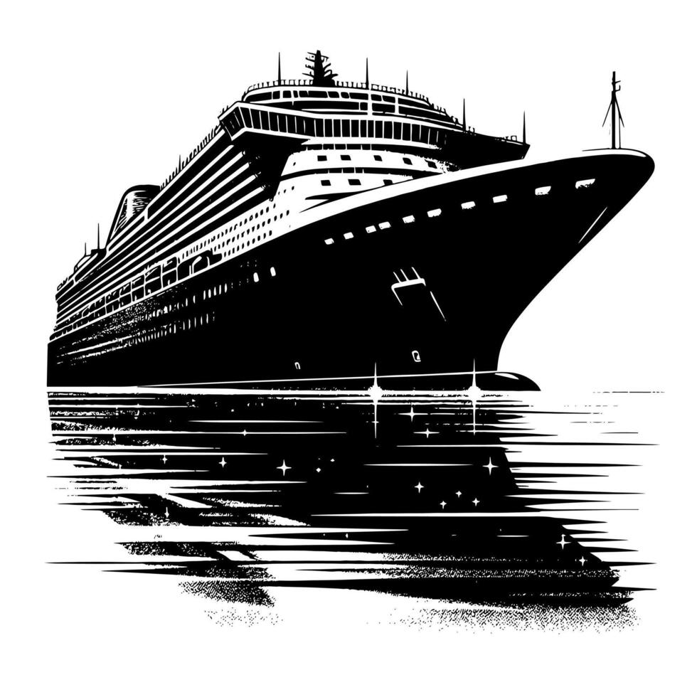 Black and White Illustration of a ocean liner at the sea vector