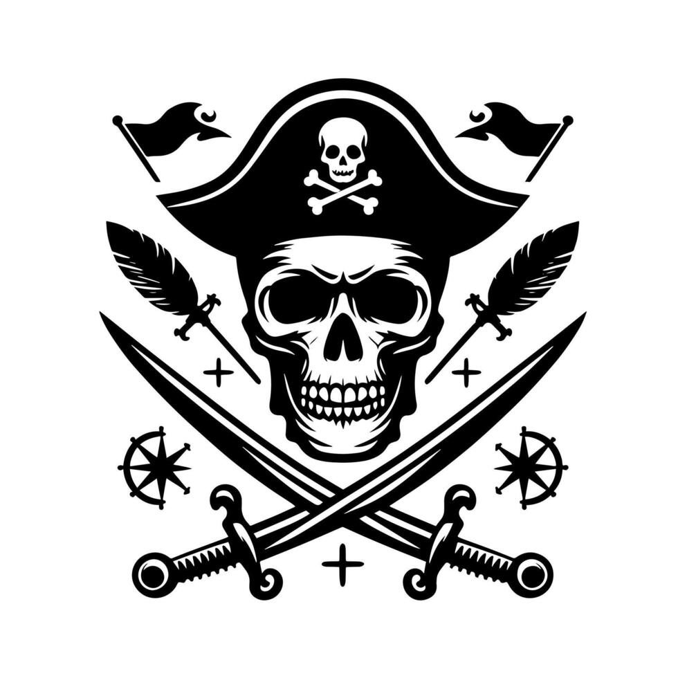 Black and White Illustration of pirate symbol with swords and hat vector