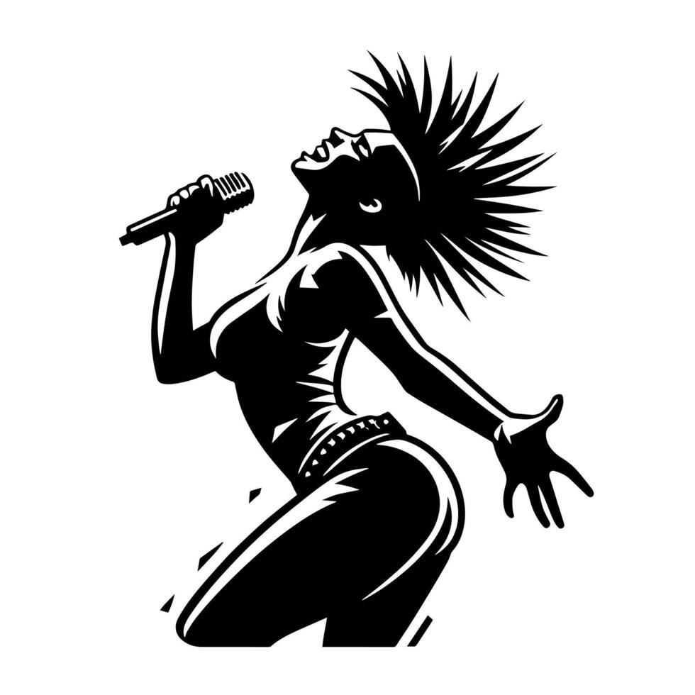 negro y blanco ilustración de un punk mujer es bailando y sacudida en un exitoso actitud vector