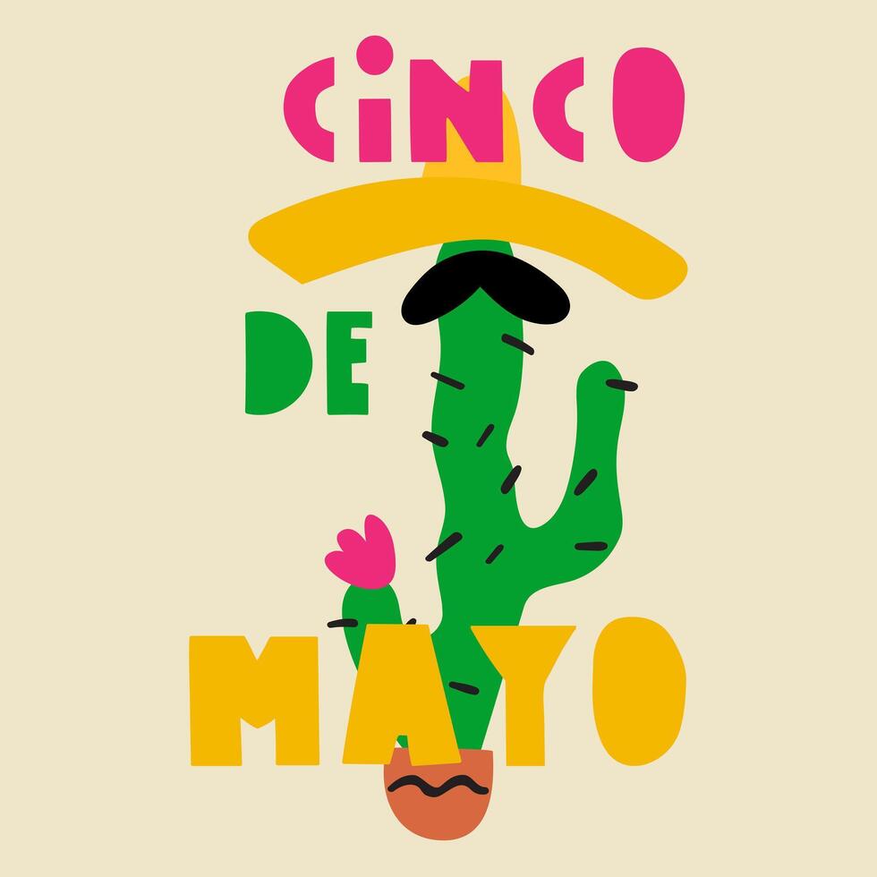 Cactus with mustaches and sombrero. Cinco de Mayo. Mexican national holiday. illustration. vector