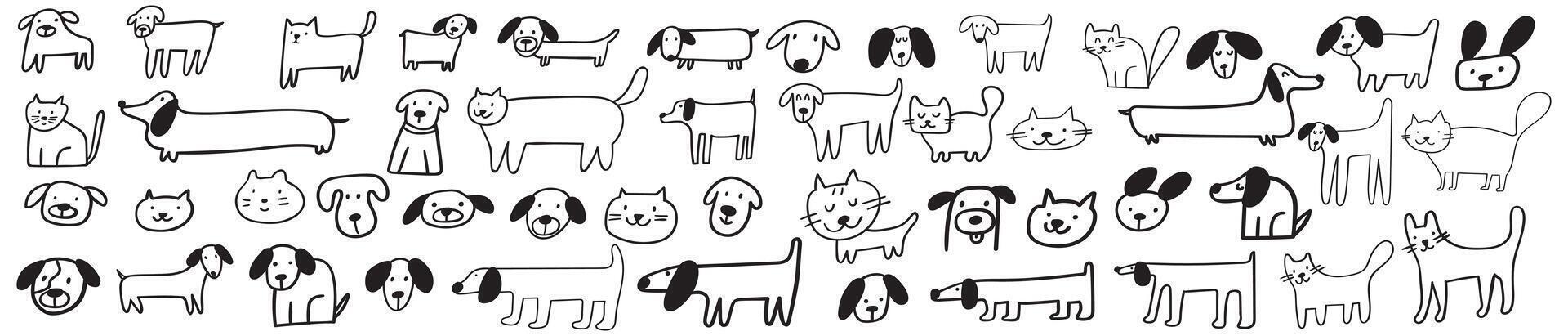 Big collection of dogs and cats. Sitting, standing, smiling. Isolated icons. Black color. outline illustrations on white background. vector