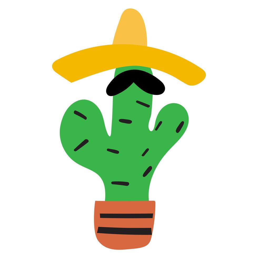 Cactus with mustaches and sombrero. hand drawn illustration on white background. vector
