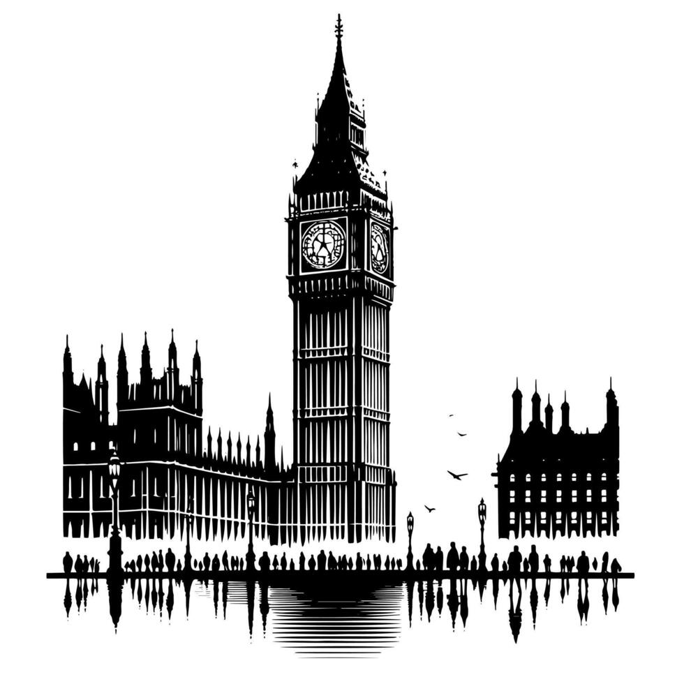 Black and White Illustration of Big Ben Tower in London vector