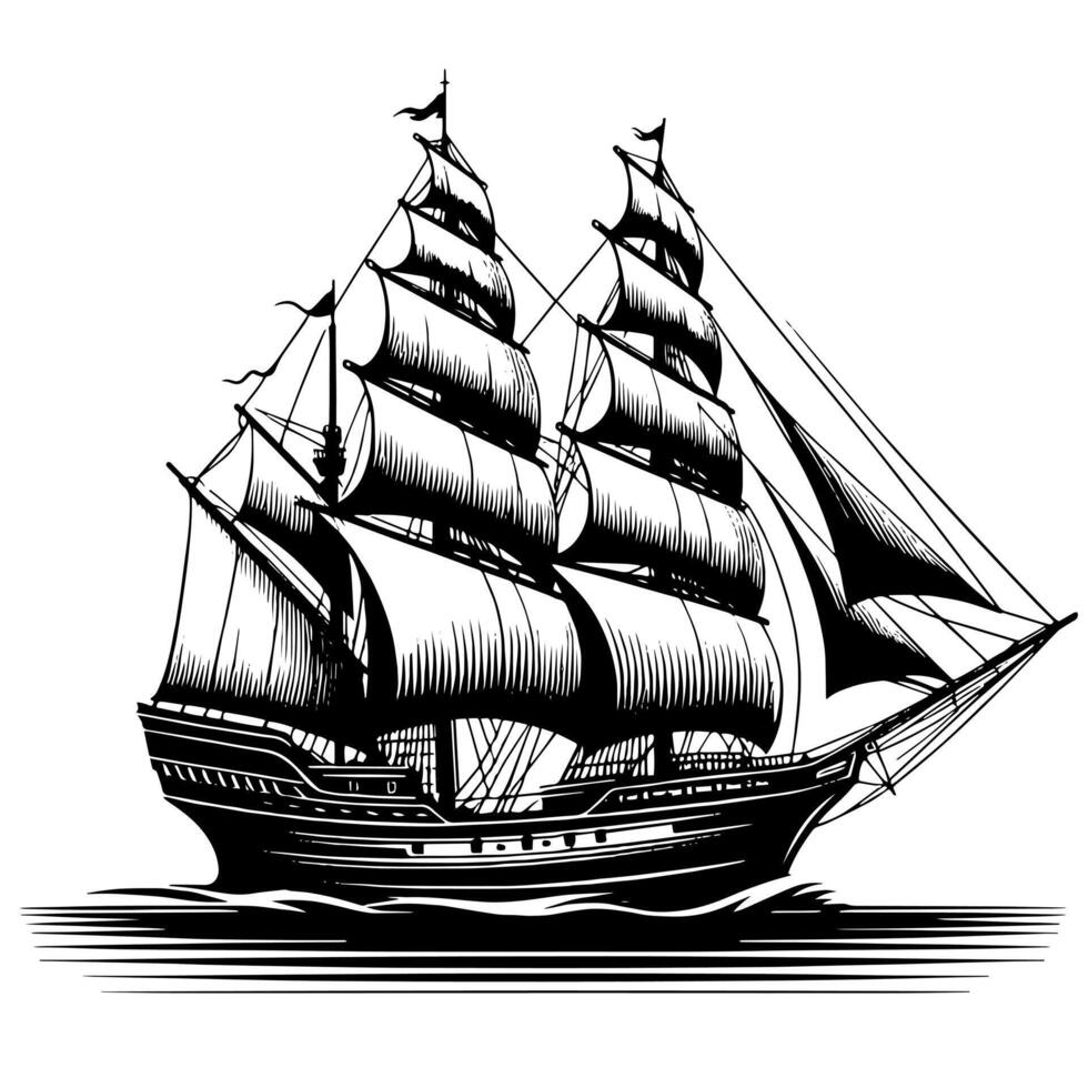 Black and White Illustration of a traditional old sailing ship vector