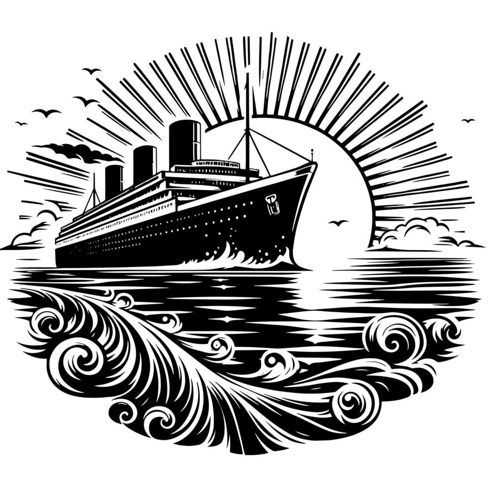 Black and White Illustration of a ocean liner at the sea vector