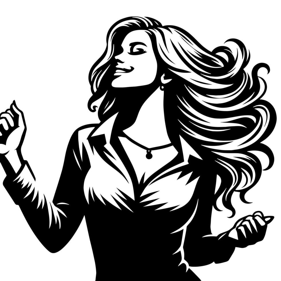 Black and White Illustration of a Woman in Business Suit is dancing and shaking in a Successful Pose vector