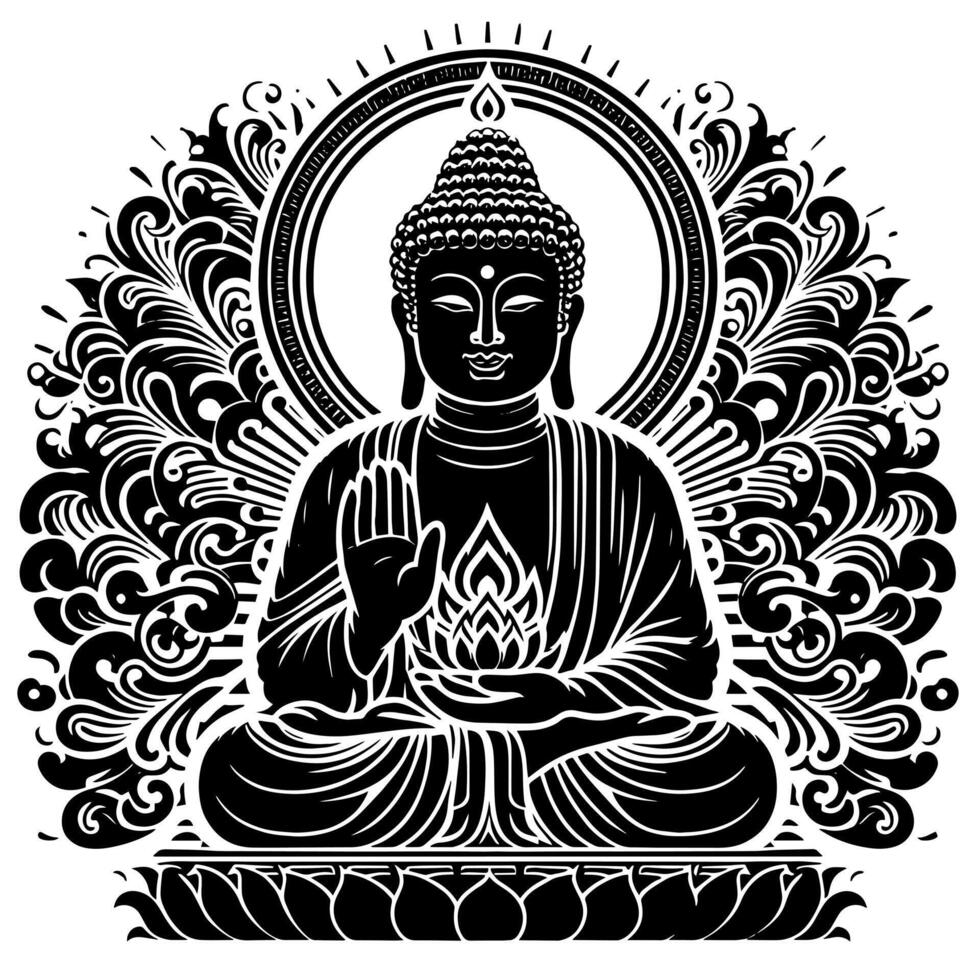 negro y blanco ilustración de un Buda estatua símbolo vector