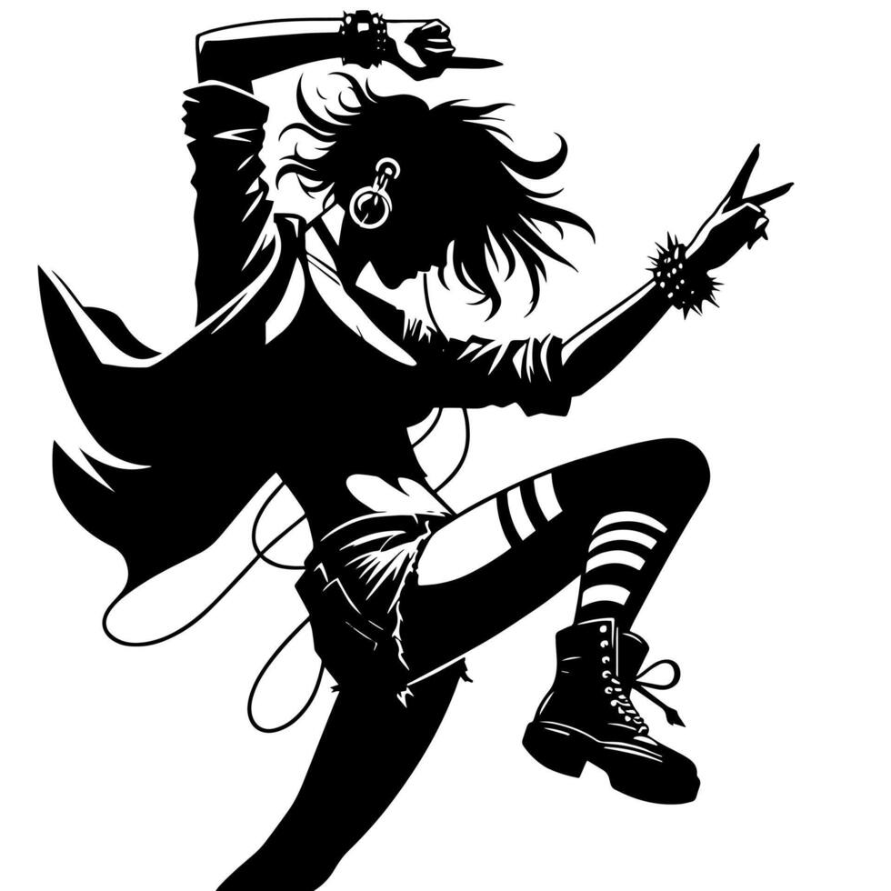 Black and White Illustration of a punk Woman is dancing and shaking in a Successful Pose vector