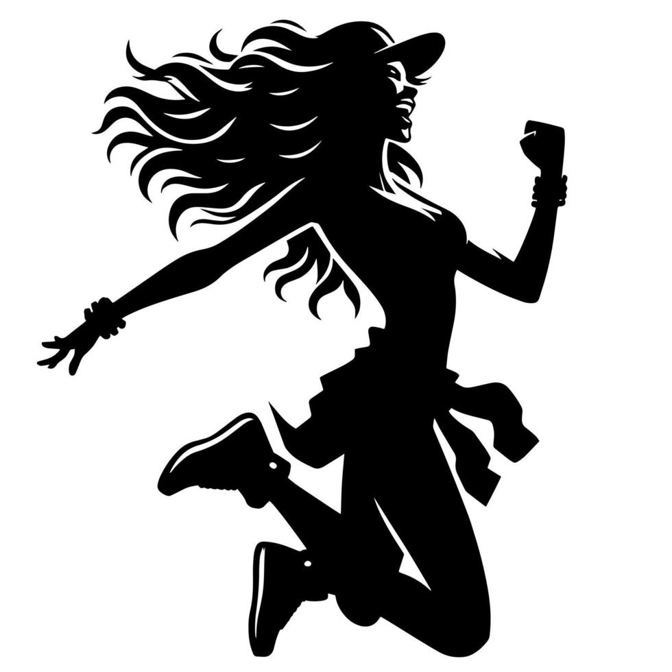 Black and White Illustration of a punk Woman is dancing and shaking in a Successful Pose vector