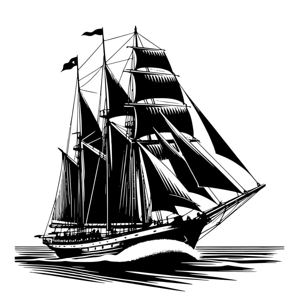 Black and White Illustration of a traditional old sailing ship vector