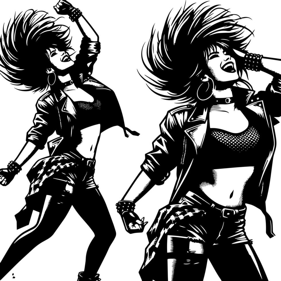 negro y blanco ilustración de un punk mujer es bailando y sacudida en un exitoso actitud vector