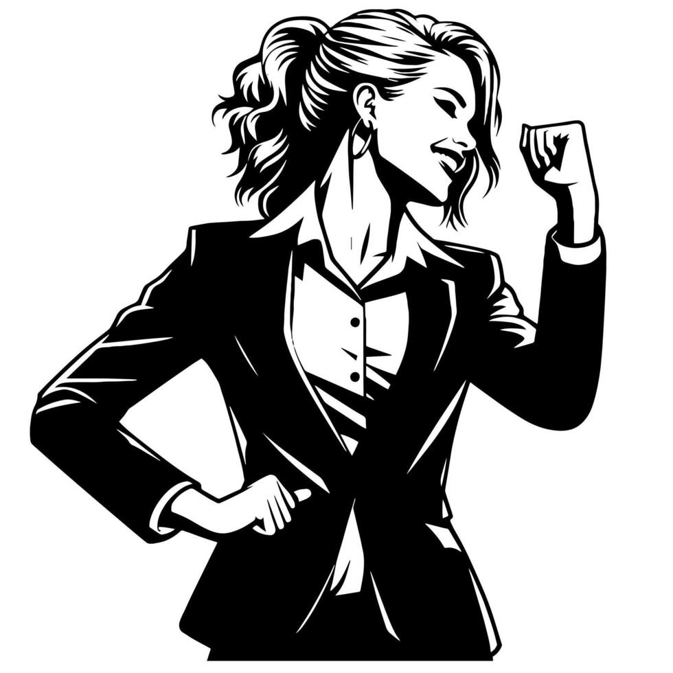 Black and White Illustration of a Woman in Business Suit is dancing and shaking in a Successful Pose vector