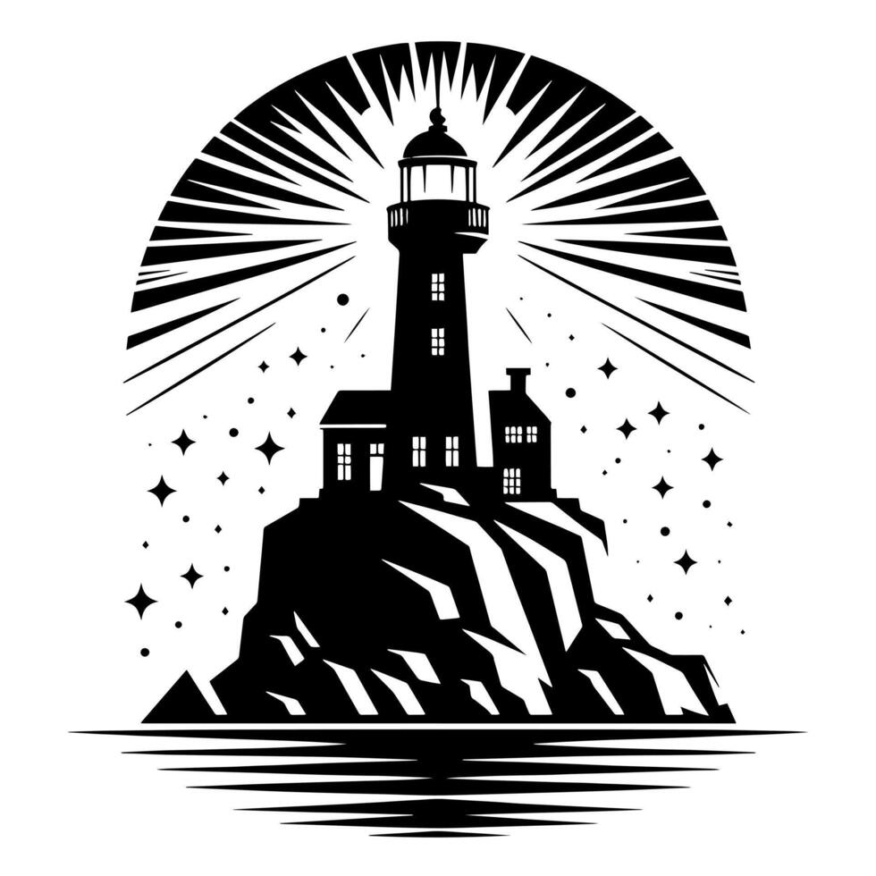 Black and White Illustration of a traditional old Lighthouse on the rocks vector