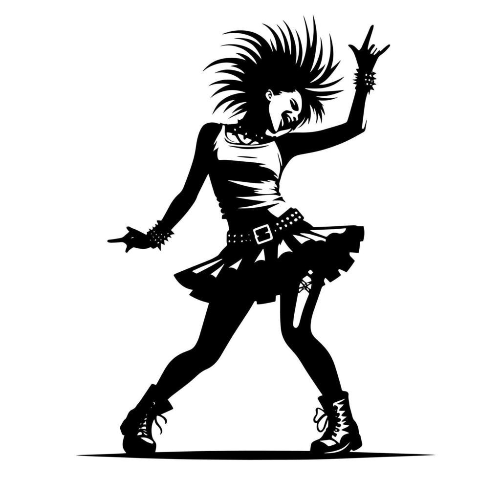 negro y blanco ilustración de un punk mujer es bailando y sacudida en un exitoso actitud vector