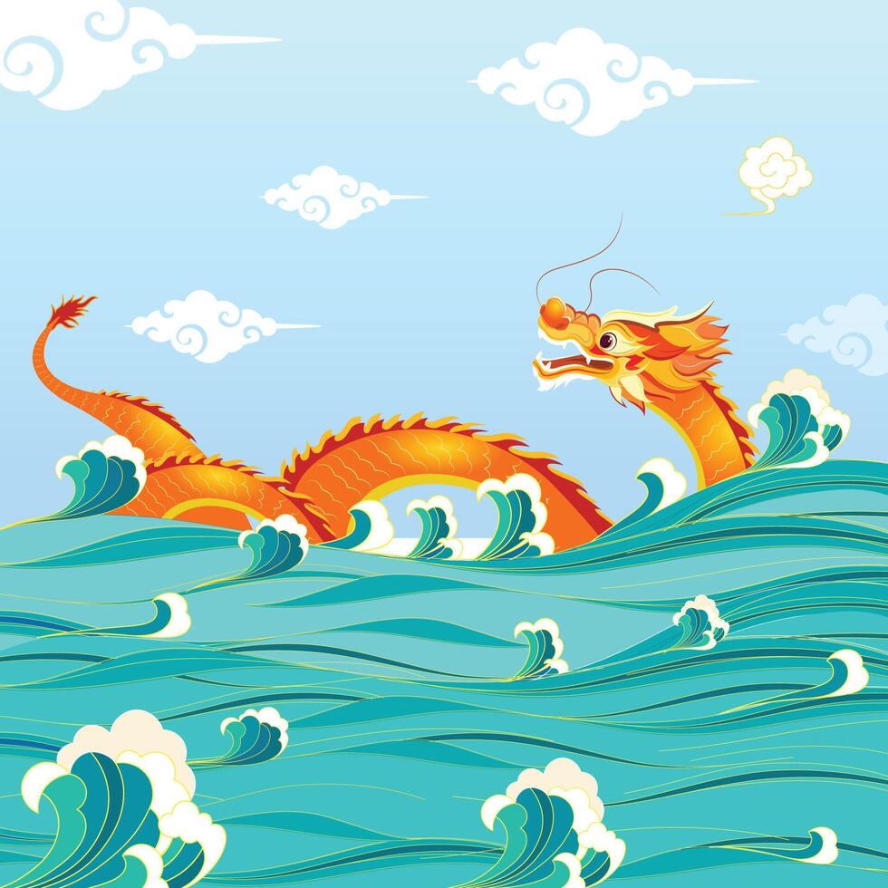 An illustration of a dragon in the water with the words a on it. Dragon with Sea waves Blue Background vector