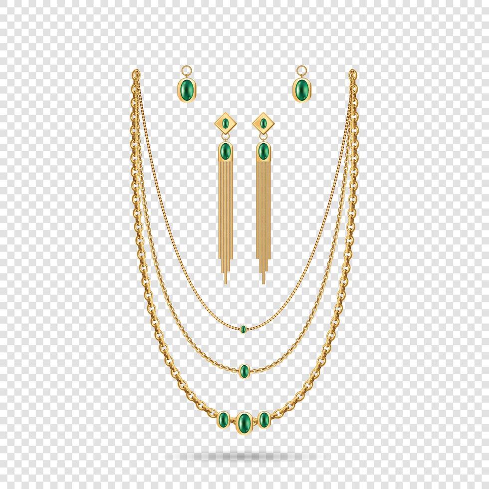 Set of golden chains with Ruby diamond pendants design . Precious necklaces. vector