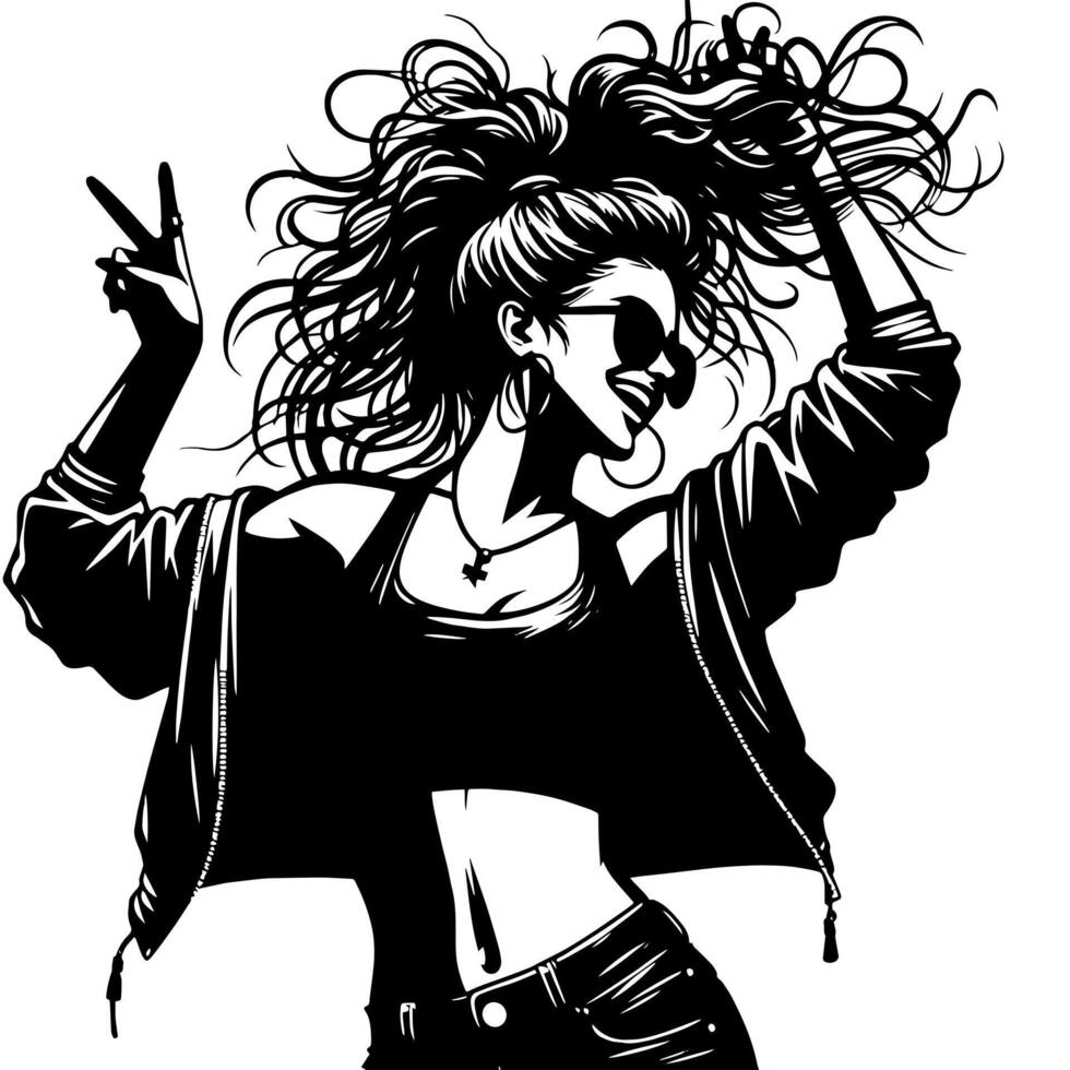 negro y blanco ilustración de un punk mujer es bailando y sacudida en un exitoso actitud vector